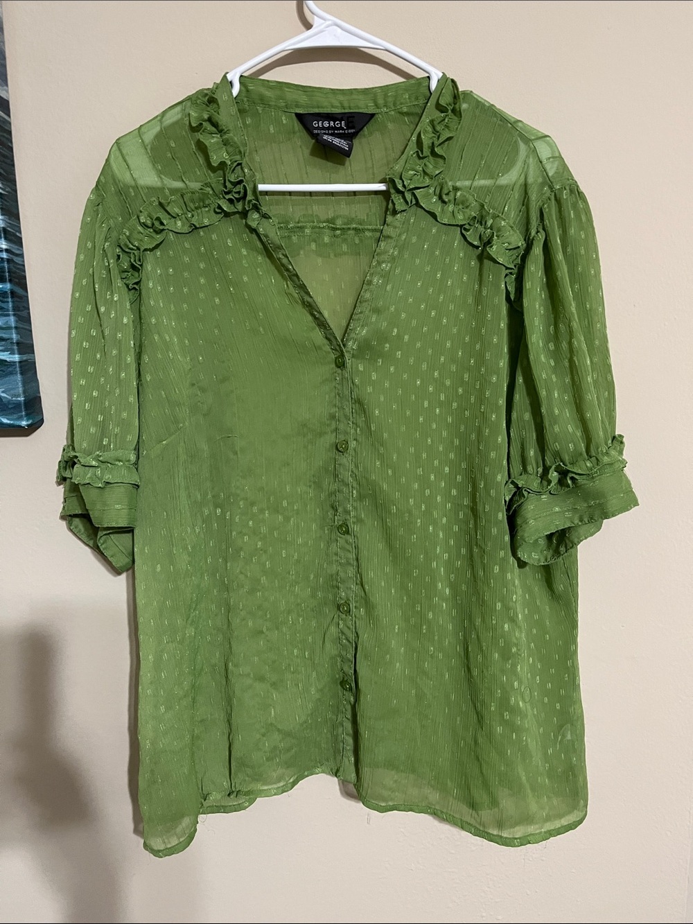 George Olive Green Sheer Ruffle Button-Down Blouse